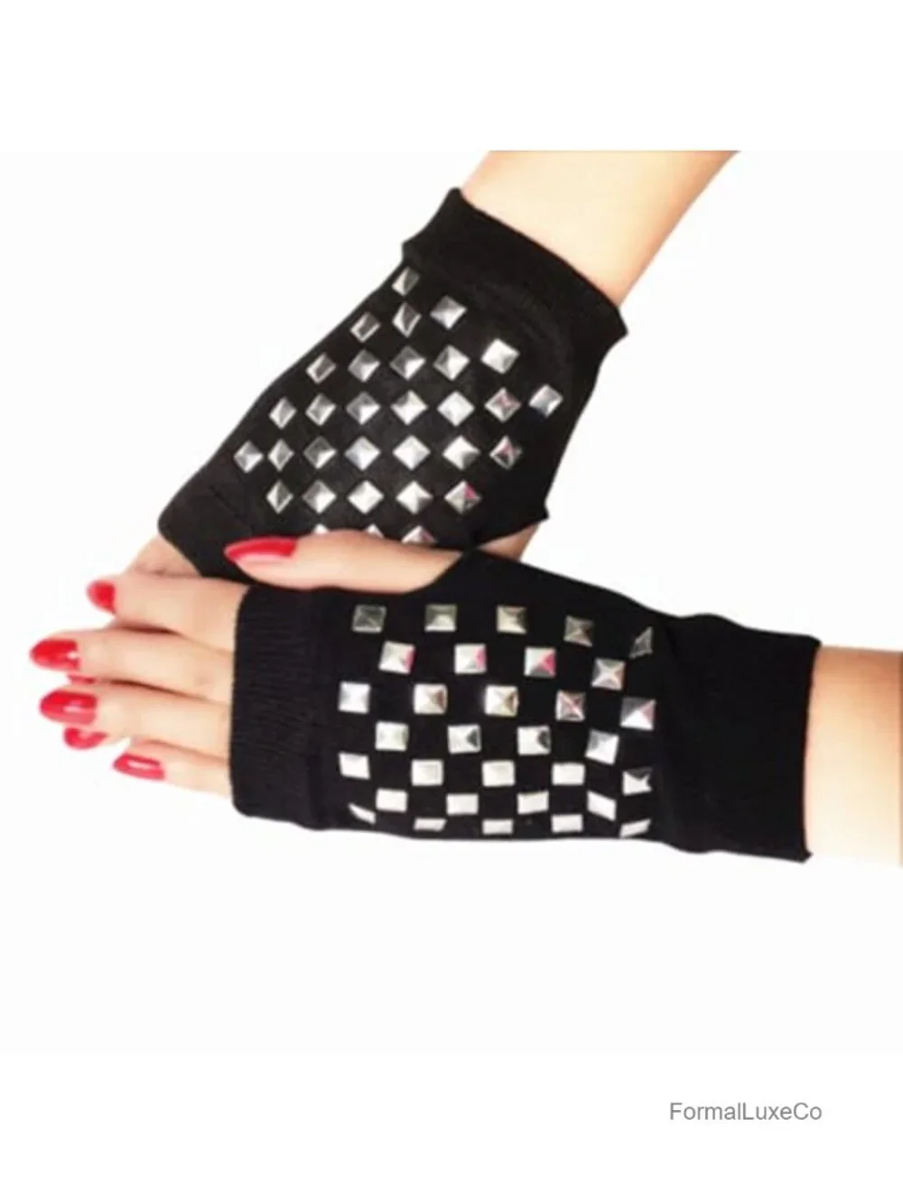 Women's Silver Rivets Fingerless Gloves with Crystal Studded Pattern